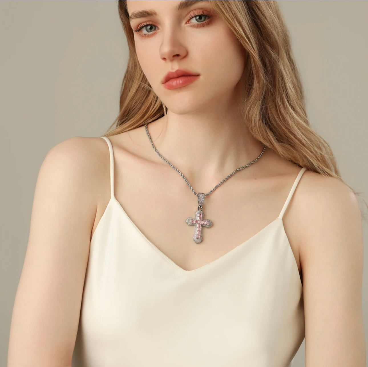 Lotuskiss Moissanite Light Pink Unisex Luxe Cross Pendant Necklace