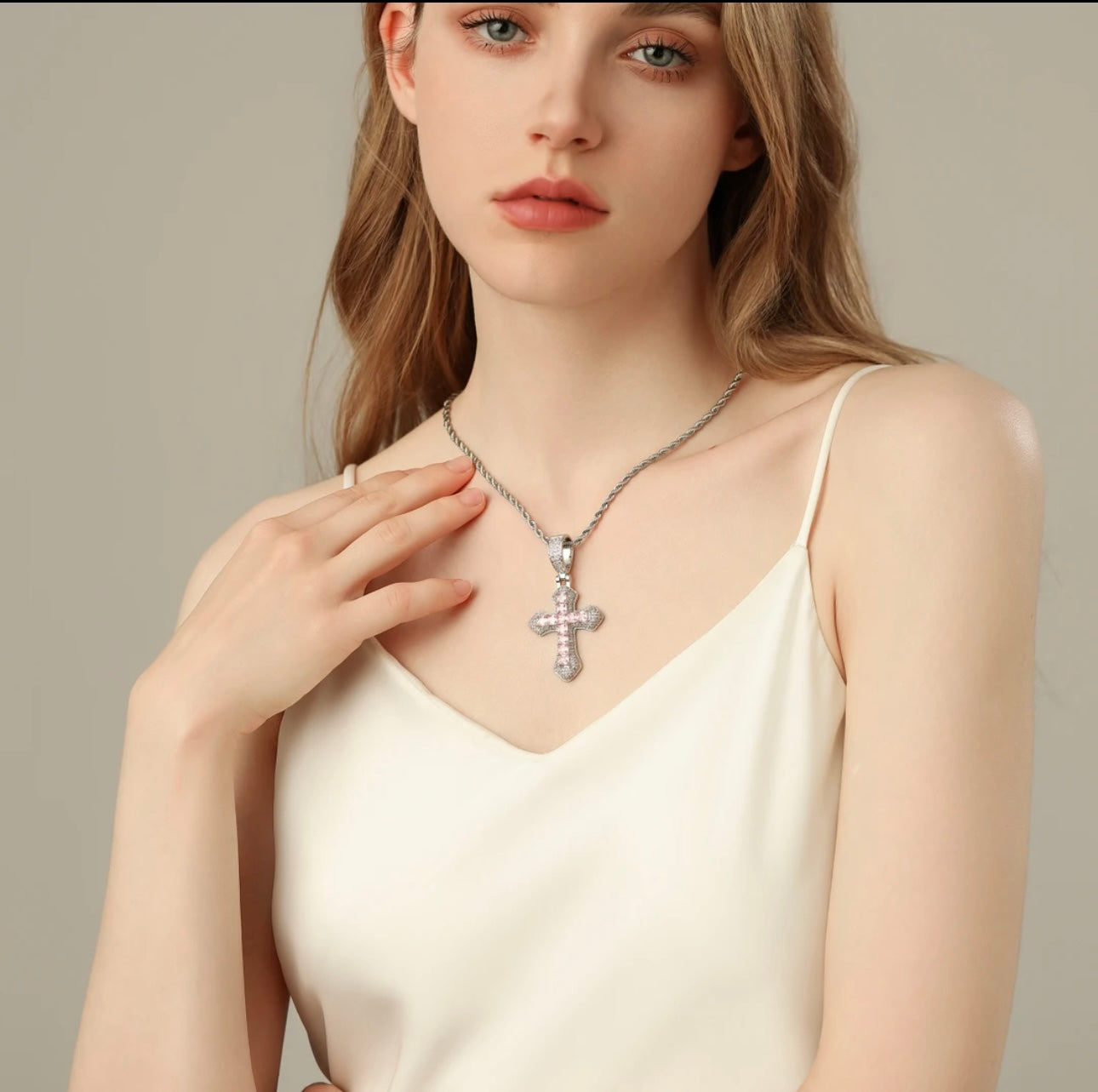 Lotuskiss Moissanite Light Pink Unisex Luxe Cross Pendant Necklace