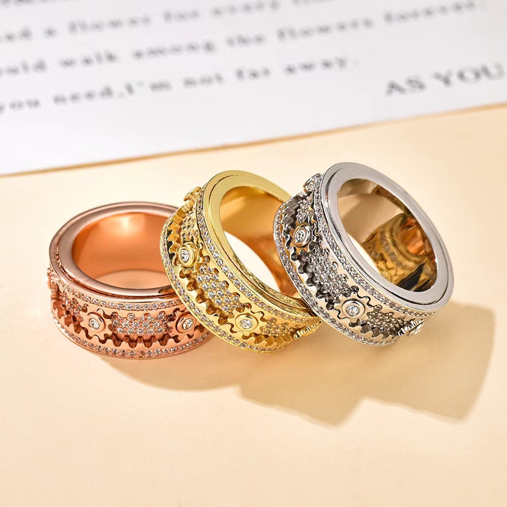 Lotuskiss Starry Sky Diamond-Studded Rotatable Gear Couple Ring